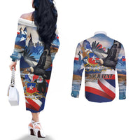 Personalized Chile Independence Day 18th September Couples Matching Off The Shoulder Long Sleeve Dress and Long Sleeve Button Shirt Andean Condor Flying - Wonder Print Shop