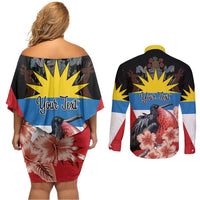 Personalized Antigua and Barbuda Couples Matching Off Shoulder Short Dress and Long Sleeve Button Shirt Magnificent Frigatebird Hibiscus - Wonder Print Shop