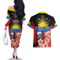 Personalized Antigua and Barbuda Couples Matching Off The Shoulder Long Sleeve Dress and Hawaiian Shirt Magnificent Frigatebird Hibiscus - Wonder Print Shop