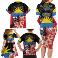Personalized Antigua and Barbuda Family Matching Long Sleeve Bodycon Dress and Hawaiian Shirt Magnificent Frigatebird Hibiscus - Wonder Print Shop