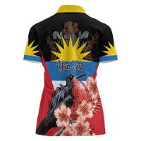 Personalized Antigua and Barbuda Women Polo Shirt Magnificent Frigatebird Hibiscus - Wonder Print Shop