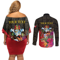 Personalized Antigua and Barbuda Couples Matching Off Shoulder Short Dress and Long Sleeve Button Shirt Fallow Deer Tropical Bouquet - Wonder Print Shop