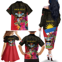 Personalized Antigua and Barbuda Family Matching Off The Shoulder Long Sleeve Dress and Hawaiian Shirt Fallow Deer Tropical Bouquet - Wonder Print Shop
