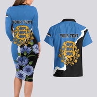 Personalised Estonia Couples Matching Long Sleeve Bodycon Dress and Hawaiian Shirt Grey Wolf Cyanus Flowers - Wonder Print Shop