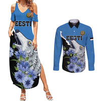 Personalised Estonia Couples Matching Summer Maxi Dress and Long Sleeve Button Shirt Grey Wolf Cyanus Flowers - Wonder Print Shop