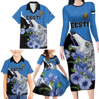 Personalised Estonia Family Matching Long Sleeve Bodycon Dress and Hawaiian Shirt Grey Wolf Cyanus Flowers - Wonder Print Shop