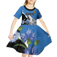 Personalised Estonia Kid Short Sleeve Dress Grey Wolf Cyanus Flowers - Wonder Print Shop