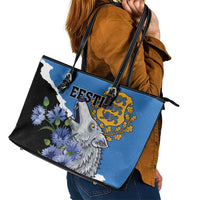 Estonia Leather Tote Bag Grey Wolf Cyanus Flowers - Wonder Print Shop