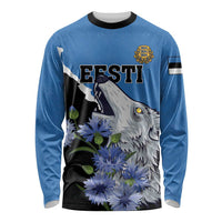 Personalised Estonia Long Sleeve Shirt Grey Wolf Cyanus Flowers - Wonder Print Shop