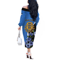 Personalised Estonia Off The Shoulder Long Sleeve Dress Grey Wolf Cyanus Flowers - Wonder Print Shop