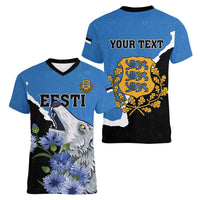 Personalised Estonia Women V-Neck T-Shirt Grey Wolf Cyanus Flowers - Wonder Print Shop