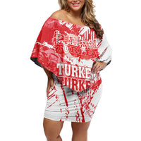 Personalised Turkey Family Matching Off Shoulder Short Dress and Hawaiian Shirt Turkiye Map Unique Grunge - Wonder Print Shop