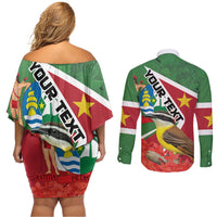 Personalized Suriname Couples Matching Off Shoulder Short Dress and Long Sleeve Button Shirt Gerechtigheid Vroomheid Vertrouwen - Wonder Print Shop