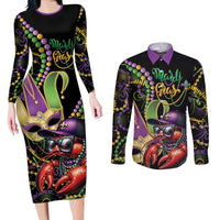 Personalized Mardi Gras Funny Shrimp Couples Matching Long Sleeve Bodycon Dress and Long Sleeve Button Shirt Fleur De Lis Special Version - Wonder Print Shop