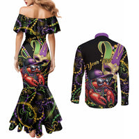 Personalized Mardi Gras Funny Shrimp Couples Matching Mermaid Dress and Long Sleeve Button Shirt Fleur De Lis Special Version - Wonder Print Shop