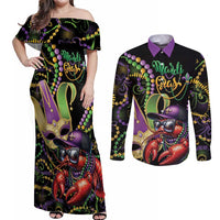 Personalized Mardi Gras Funny Shrimp Couples Matching Off Shoulder Maxi Dress and Long Sleeve Button Shirt Fleur De Lis Special Version - Wonder Print Shop