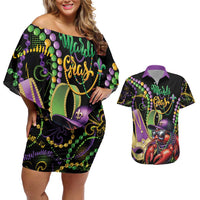 Personalized Mardi Gras Funny Shrimp Couples Matching Off Shoulder Short Dress and Hawaiian Shirt Fleur De Lis Special Version - Wonder Print Shop
