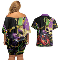 Personalized Mardi Gras Funny Shrimp Couples Matching Off Shoulder Short Dress and Hawaiian Shirt Fleur De Lis Special Version - Wonder Print Shop