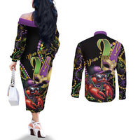 Personalized Mardi Gras Funny Shrimp Couples Matching Off The Shoulder Long Sleeve Dress and Long Sleeve Button Shirt Fleur De Lis Special Version - Wonder Print Shop