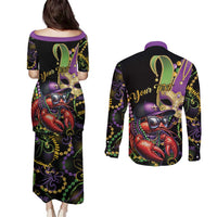 Personalized Mardi Gras Funny Shrimp Couples Matching Puletasi and Long Sleeve Button Shirt Fleur De Lis Special Version - Wonder Print Shop