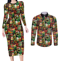 Hawaiian Santa Christmas Pattern Couples Matching Long Sleeve Bodycon Dress and Long Sleeve Button Shirt Black Version - Wonder Print Shop