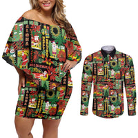 Hawaiian Santa Christmas Pattern Couples Matching Off Shoulder Short Dress and Long Sleeve Button Shirt Black Version - Wonder Print Shop