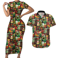 Hawaiian Santa Christmas Pattern Couples Matching Short Sleeve Bodycon Dress and Hawaiian Shirt Black Version - Wonder Print Shop