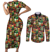 Hawaiian Santa Christmas Pattern Couples Matching Short Sleeve Bodycon Dress and Long Sleeve Button Shirt Black Version - Wonder Print Shop