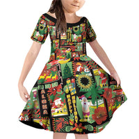 Hawaiian Santa Christmas Pattern Family Matching Off Shoulder Short Dress and Hawaiian Shirt Black Version - Wonder Print Shop
