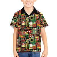 Hawaiian Santa Christmas Pattern Family Matching Off Shoulder Short Dress and Hawaiian Shirt Black Version - Wonder Print Shop