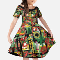 Hawaiian Santa Christmas Pattern Kid Short Sleeve Dress Black Version - Wonder Print Shop