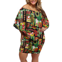 Hawaiian Santa Christmas Pattern Off Shoulder Short Dress Black Version - Wonder Print Shop