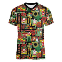 Hawaiian Santa Christmas Pattern Women V-Neck T-Shirt Black Version - Wonder Print Shop