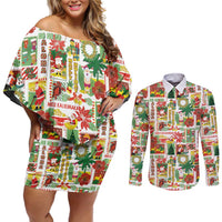 Hawaiian Santa Christmas Pattern Couples Matching Off Shoulder Short Dress and Long Sleeve Button Shirt White Version - Wonder Print Shop