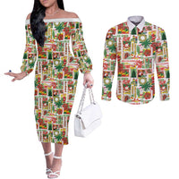 Hawaiian Santa Christmas Pattern Couples Matching Off The Shoulder Long Sleeve Dress and Long Sleeve Button Shirt White Version - Wonder Print Shop
