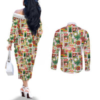 Hawaiian Santa Christmas Pattern Couples Matching Off The Shoulder Long Sleeve Dress and Long Sleeve Button Shirt White Version - Wonder Print Shop