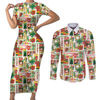 Hawaiian Santa Christmas Pattern Couples Matching Short Sleeve Bodycon Dress and Long Sleeve Button Shirt White Version - Wonder Print Shop