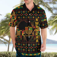 Black Hawaiian shirt with colorful Kwanzaa pattern, kinara graphic, and short sleeves