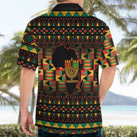 Black button-up Hawaiian shirt with rear geometric Kwanzaa pattern and kinara graphic