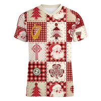 Ireland Christmas Women V Neck T Shirt Irish Celtic Xmas Patchwork Style - Wonder Print Shop