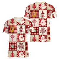 Ireland Christmas Women V Neck T Shirt Irish Celtic Xmas Patchwork Style - Wonder Print Shop