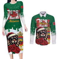 Morocco Christmas Couples Matching Long Sleeve Bodycon Dress and Long Sleeve Button Shirt Santa Lion With Rose Xmas Vibe - Wonder Print Shop