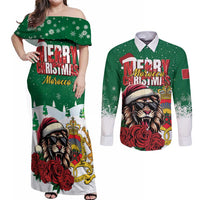 Morocco Christmas Couples Matching Off Shoulder Maxi Dress and Long Sleeve Button Shirt Santa Lion With Rose Xmas Vibe - Wonder Print Shop