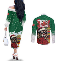 Morocco Christmas Couples Matching Off The Shoulder Long Sleeve Dress and Long Sleeve Button Shirt Santa Lion With Rose Xmas Vibe