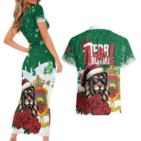 Morocco Christmas Couples Matching Short Sleeve Bodycon Dress and Hawaiian Shirt Santa Lion With Rose Xmas Vibe - Wonder Print Shop