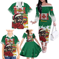 Morocco Christmas Family Matching Off The Shoulder Long Sleeve Dress and Hawaiian Shirt Santa Lion With Rose Xmas Vibe - Wonder Print Shop