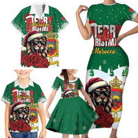 Morocco Christmas Family Matching Short Sleeve Bodycon Dress and Hawaiian Shirt Santa Lion With Rose Xmas Vibe - Wonder Print Shop