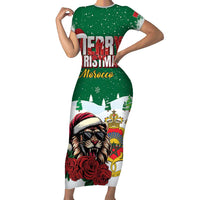 Morocco Christmas Family Matching Short Sleeve Bodycon Dress and Hawaiian Shirt Santa Lion With Rose Xmas Vibe - Wonder Print Shop