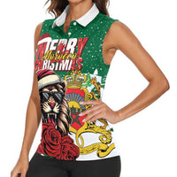 Morocco Christmas Women Sleeveless Polo Shirt Santa Lion With Rose Xmas Vibe - Wonder Print Shop