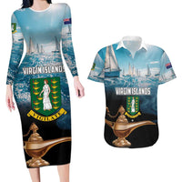 Personalised British Virgin Islands Couples Matching Long Sleeve Bodycon Dress and Hawaiian Shirt Vigilate Golden Lamps